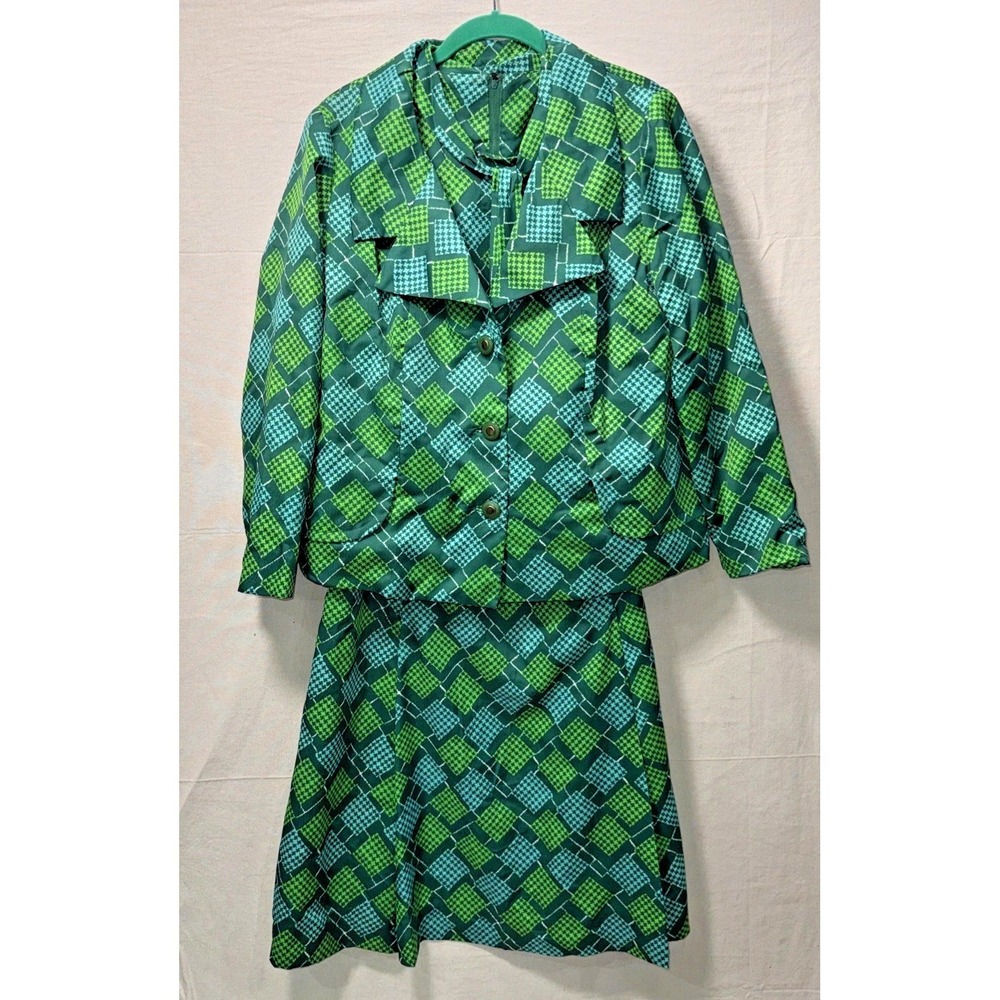 Groovy Vintage Harwyn New York 3 Pc Dress Set Green Mod Pattern Belt Scarf L